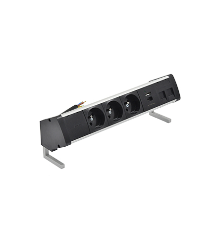Biurkowy zestaw gniazd 3x250V typ E + ładowarka USB A-C+ plakietka 2xRJ45 kabel aluminium czarny Simon480 48430E30BK00000-40
