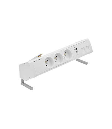 Biurkowy zestaw gniazd 3x250V typ E + ładowarka USB A-C+ plakietka 2xRJ45 kabel biały Simon480 48430E30BK00000-33
