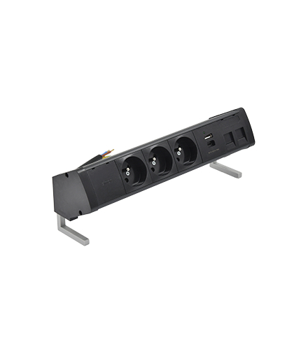 Biurkowy zestaw gniazd 3x250V typ E + ładowarka USB A-C+ plakietka 2xRJ45 kabel czarny Simon480 48430E30BK00000-44