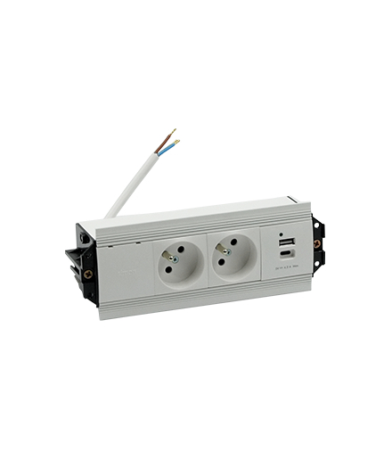 Mediaport Indesk 2x250V typ E + ładowarka USB A-C kabel aluminium biały Simon480 48530E20B000000-30