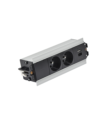 Mediaport Indesk 2x250V typ E + ładowarka USB A-C kabel aluminium czarny Simon480 48530E20B000000-40