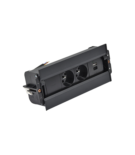 Mediaport Spinner 2x250V typ E + ładowarka USB A-C łącz. kabel czarny Simon480 48630E20B000000-44