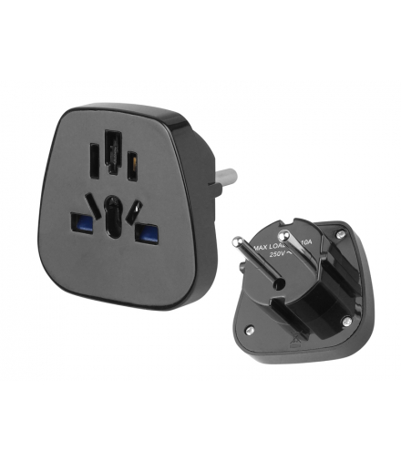 Przejście AC wtyk PL-gniazdo uniwersalne, czarne. LX0567A