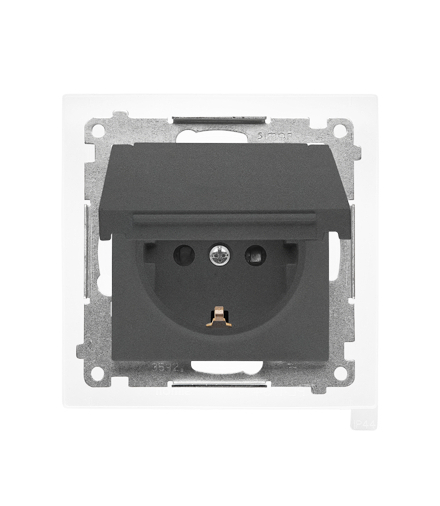 Gniazdo Schuko do wersji IP44 z przesłonami z uszczelką ramki moduł 16 A, 250 V, szybkozłącza. Klapka w kolorze pokrywy Grafitowy mat Simon55 TGSZ1BCZ.01/116