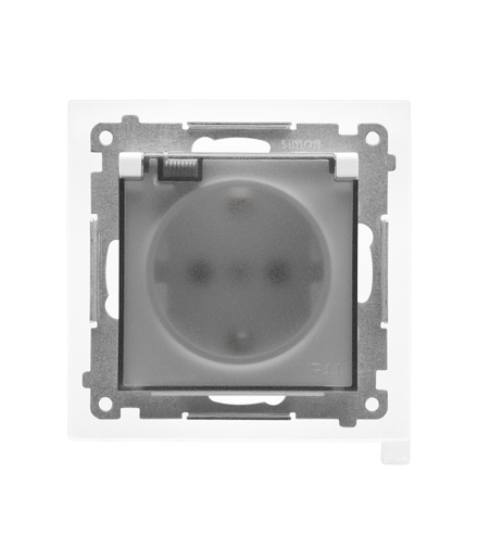 Gniazdo Schuko do wersji IP44 z przesłonami z uszczelką ramki moduł 16 A, 250 V, szybkozłącza. Klapka transparentna Biały mat Simon55 TGSZ1BCZ.01/111A