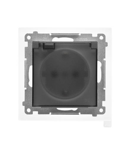 Gniazdo Schuko do wersji IP44 z przesłonami z uszczelką ramki moduł 16 A, 250 V, szybkozłącza. Klapka transparentna Grafitowy mat Simon55 TGSZ1BCZ.01/116A