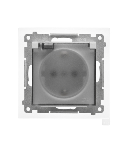 Gniazdo Schuko do wersji IP44 z przesłonami z uszczelką ramki moduł 16 A, 250 V, szybkozłącza. Klapka transparentna Aluminium mat Simon55 TGSZ1BCZ.01/143A