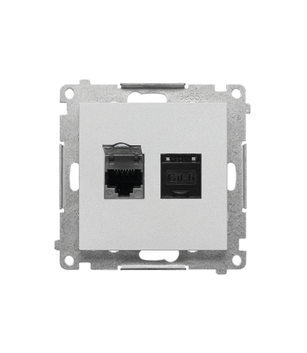 Gniazdo komputerowe podwójne RJ45 kategoria 6, z przesłoną przeciwkurzową (moduł), Aluminium mat Simon55 T62.01/143