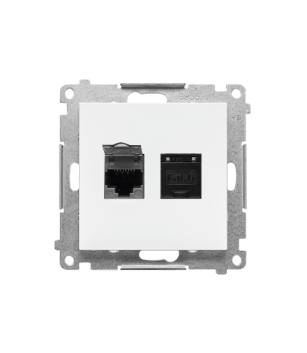 Gniazdo komputerowe podwójne RJ45 kategoria 6, ekranowane z przesłoną przeciwkurzową (moduł), Biały mat Simon55 T62E.01/111