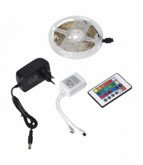 Zestaw oświetlenia LED do mebli i dekoracji w pomieszczeniach suchych, długość 5m, 60 diod led/m, dowolny kolor światła wraz ze sterownikiem i zasilaczem. Orno LD-6/5M/RGB/SET