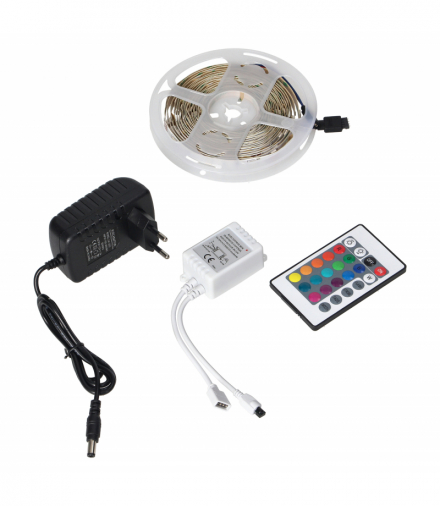 Zestaw oświetlenia LED do mebli i dekoracji w pomieszczeniach suchych, długość 5m, 60 diod led/m, dowolny kolor światła wraz ze sterownikiem i zasilaczem. Orno LD-6/5M/RGB/SET