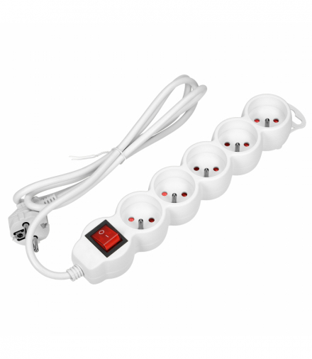 Przedłużacz 5-krotny 2P+Z, z wyłącznikiem, 5m H05VV-F 3x1,0mm², Imax 10A, biały Orno OR-AE-13150/W/5M