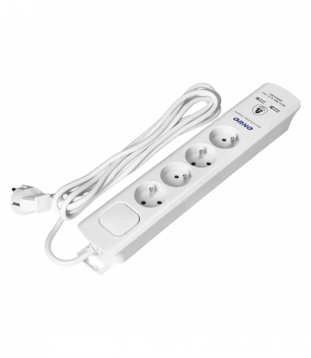 Listwa przeciwprzepięciowa, 4 gniazda 2P+Z, kabel 3x1,0mm2, 3m, z wyłącznikiem podświetlanym dwutorowym. 10A/230 VAC, Ochronnik przeciwprzepięciowy Typ 3, Ładowarka 2xUSB 2,1A, biała Orno OR-AE-13243/W/3M