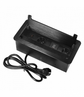 Gniazdo meblowe wpuszczane w blat z płaskim frezowanym rantem, szczotką przeciwkurzową, ładowarką USB i przewodem 1,5m, 2x2P+Z, 2xUSB, 2xNET, czarne Orno OR-GM-9022/B