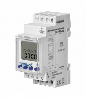 Elektroniczny programator astronomiczny i czasowy, 52 programy, 3 języki menu, 1 wyjście przekaźnikowe max.16A/230V, szerokość 2 moduły, DIN TH-35mm Orno OR-PRE-450