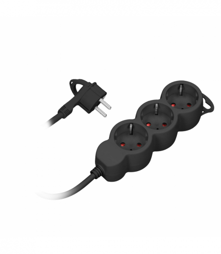 Przedłużacz 3-krotny 2P+Z (Schuko), 1,5m H05VV-F 3x1,0mm², Imax 10A, płaska wtyczka, czarny Orno ORAE13145(GS)/B/1,5M