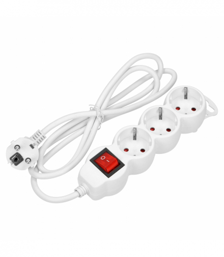Przedłużacz 3-krotny 2P+Z (Schuko) z wyłącznikiem, 1,5m H05VV-F 3x1,0mm², Imax 10A, biały Orno ORAE13146(GS)/W/1,5M