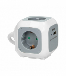 Przedłużacz cube 4x2P+Z (Schuko), ładowarka USB A+C, Quick charge, 1,4m H05VV-F 3x1,5mm², szary, kostka Orno OR-AE-13247(GS)/G