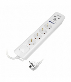 Listwa przeciwprzepięciowa, 4 gniazda 2P+Z (Schuko), kabel 3x1,0mm2, 3m, z wyłącznikiem podświetlanym dwutorowym. 16A/230 VAC, Ochronnik przeciwprzepięciowy Typ 3, Ładowarka 2xUSB 2,1A, biała Orno ORAE13243(GS)/W/3M