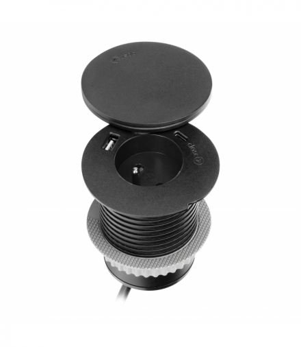 Gniazdo meblowe Ø6cm z rotacyjną pokrywą, ładowarką indukcyjną, ładowarką USB i przewodem 1,5m, 1x2P+Z, Qi 1.2.4 max. 10W, 2xUSB (typ A i typ C, 2,4A), czarne Orno OR-GM-9028