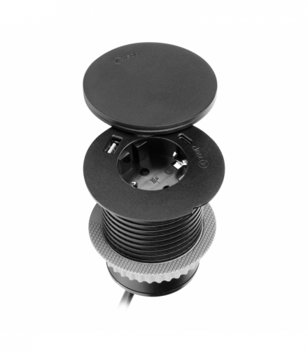 Gniazdo meblowe Ø6cm z rotacyjną pokrywą, ładowarką indukcyjną, ładowarką USB i przewodem 1,5m, 1x2P+Z (Schuko), Qi 1.2.4 max. 10W, 2xUSB (typ A i typ C, 2,4A), czarne Orno OR-GM-9028(GS)