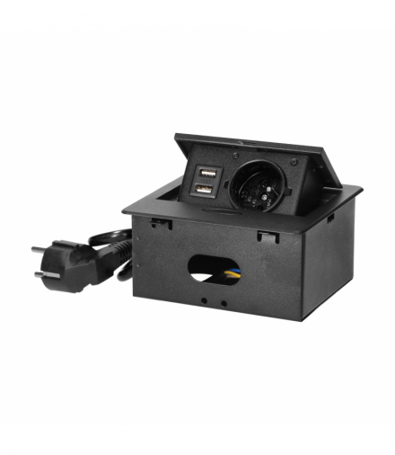 Wpuszczane gniazdo meblowe z ładowarką USB i przewodem 1,5m, 1x2P+Z, 2xUSB (typ A, 2,1A), płaski rant frezowany, czarny Orno OR-GM-9029/B