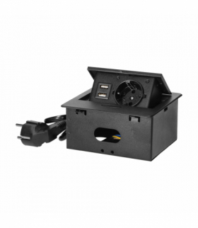 Wpuszczane gniazdo meblowe z ładowarką USB i przewodem 1,5m, 1x2P+Z Schuko, 2xUSB (typ A, 2,1A), płaski rant frezowany, czarny Orno OR-GM-9029(GS)/B