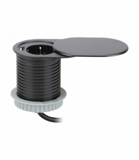 Gniazdo meblowe Ø6cm, czarne, wpuszczane w blat z przesuwną pokrywką, ładowarką USB i przewodem 1,9m, 1x2P+Z, 1xUSB (2,4A), 3x1,5mm², wersja Schuko Orno OR-AE-13124(GS)/B