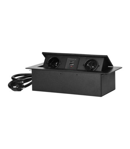 Gniazda meblowe wpuszczane w blat z płaskim frezowanym rantem, ładowarką USB i przewodem 1,5m, 2x2P+Z, 2xUSB (typ A+C 3,6A), czarne Orno OR-GM-9035/B