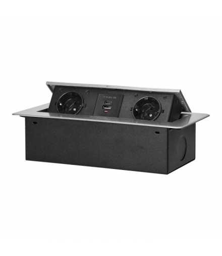 Gniazdo meblowe wpuszczane w blat z płaskim frezowanym rantem i ładowarką USB, 2x2P+Z (Schuko),2x USB (typ A+C 3,6A), srebrne Orno OR-GM-9034(GS)/G