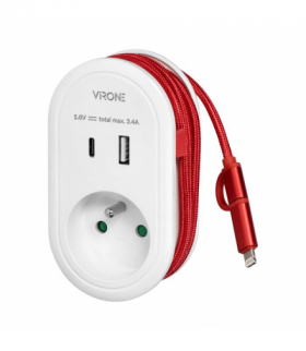 Adapter z ładowarką USB i kablem ładującym (typ C + Lightning), 1x2P+Z, 2xUSB (Typ A+C), max 3,4A Orno CS-2