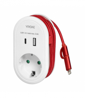 Adapter z ładowarką USB i kablem ładującym (typ C + Lightning), 1x2P+Z Schuko, 2xUSB (Typ A+C), max 3,4A Orno CS-2(GS)