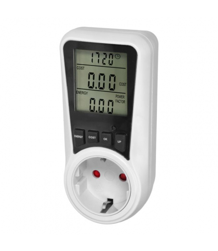Dwutaryfowy watomierz, kalkulator energii z wyświetlaczem LCD, 2 oddzielne taryfy, wewnętrzny akumulator, 16A 230V,wersja Schuko Orno EM-5(GS)