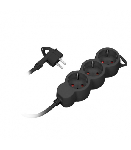Przedłużacz 3-krotny 2P+Z (Schuko) , 3m H05VV-F 3x1,5mm2, Imax 16A, płaska wtyczka, czarny Orno ES-4(GS)/B/3