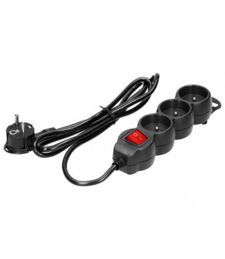 Przedłużacz 3-krotny 2P+Z, z wyłącznikiem, 3m H05VV-F 3x1,5mm2, Imax 16A, płaska wtyczka, czarny Orno ES-5/B/3