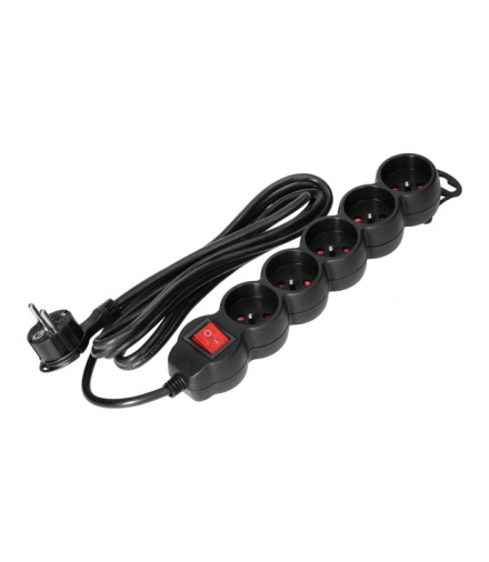 Przedłużacz 5-krotny 2P+Z, z wyłącznikiem, 5m H05VV-F 3x1,5mm2, Imax 16A, płaska wtyczka, czarny Orno ES-7/B/5