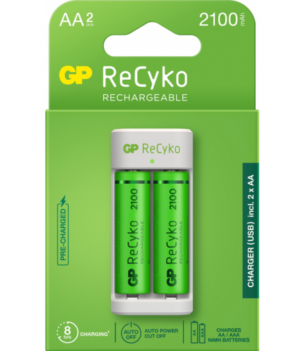Ładowarka podstawowa do akumulatorów NiMH, w zestawie 2 akumulatory ReCyko AA 2100mAh. GP_BATTERY E211 210AAHCN-2B2