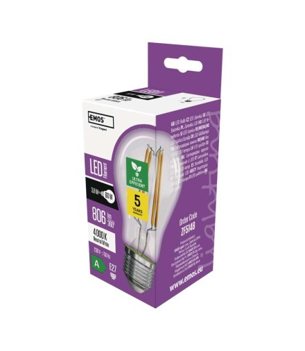 Żarówka LED Filament A60 / E27 / 3,8 W (60 W) / 806 lm / neutralna biel EMOS ZF5148