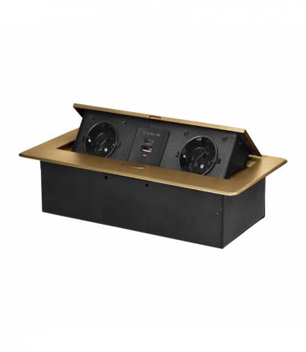 Gniazdo meblowe wpuszczane w blat z płaskim frezowanym rantem i ładowarką USB, 2x2P+Z (Schuko),2xUSB (typ A+C 3,6A), złote Orno OR-GM-9034(GS)/C