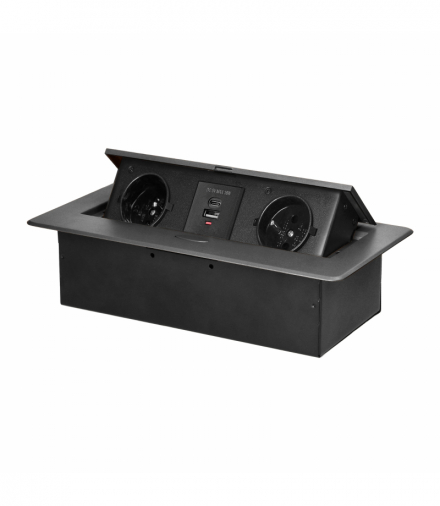 Gniazdo meblowe wpuszczane w blat z płaskim frezowanym rantem i ładowarką USB, 2x2P+Z, 2xUSB (typ A+C 3,6A), grafitowe Orno OR-GM-9034/GR