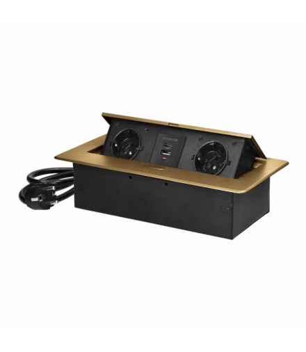 Gniazdo meblowe wpuszczane w blat z płaskim frezowanym rantem, ładowarką USB i przewodem 1,5m, 2x2P+Z (Schuko), 2xUSB (typ A+C 3,6A), złote Orno OR-GM-9035(GS)/C