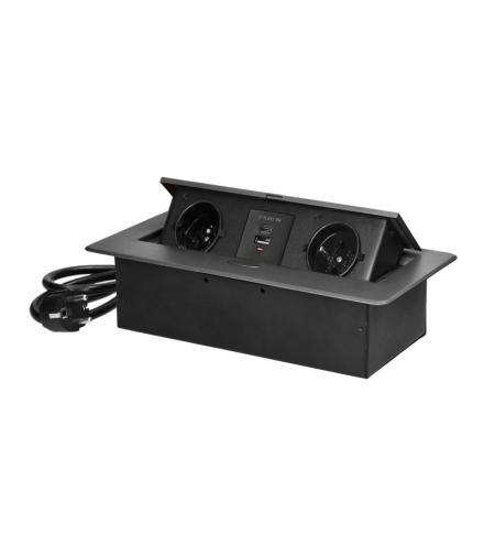 Gniazda meblowe wpuszczane w blat z płaskim frezowanym rantem, ładowarką USB i przewodem 1,5m, 2x2P+Z, 2xUSB (typ A+C 3,6A), grafitowe Orno OR-GM-9035/GR