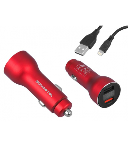 ŁADOWARKA SAMOCHODOWA 5A CZERWONY MIERNIK + KABEL IPHONE SOMOSTEL, 30W, 2XUSB, DUAL SMS-A89QUICK, CHARGE QC 3.0, METAL. LAMEX LXSMSA89/RED