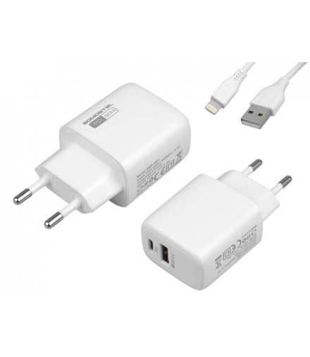 ŁADOWARKA SIECIOWA 3A 18W + KABEL IPHONE, BIAŁA, SOMOSTEL, POWER DELIVERY SMS-Q01, PD+USB. LAMEX LXSMSQ01/B