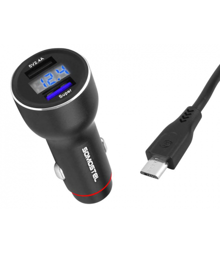 Ładowarka samochodowa Somostel SMS-A89 Quick Charger 3.0, 2 x USB, 5 A, 30 W, miernik + kabel Micro USB, czarna. LAMEX LXSMSA89
