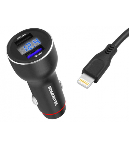 ŁADOWARKA SAMOCHODOWA SOMOSTEL 5A/30W, 2xUSB + MIERNIK, KABEL IPHONE CZARNA, SMS-A89, QUICK CHARGER 3.0. LAMEX LXSMSA89/IPH