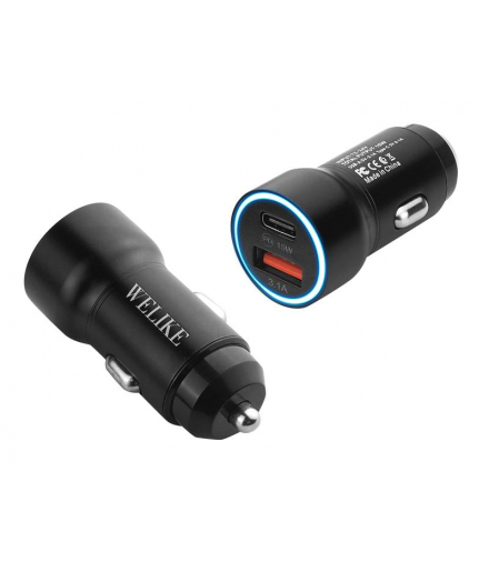 Ładowarka samochodowa WK-009 USB + USB-C PD 15W 3.1A , 12-24V, czarna. WeLike LXL11032B