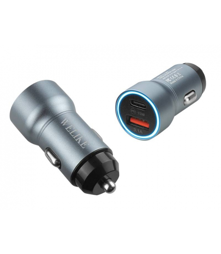 Ładowarka samochodowa WK-009 USB+USB-C PD 15W 3.1A 12-24V, szara WeLike LXL11032S