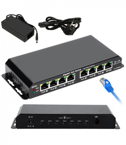 Extralink KRATOS Switch PoE 7x Gigabit PoE, 1x Uplink RJ45, Zasilacz 24V 2.5A, Moc 60W EXTRALINK EX.1025