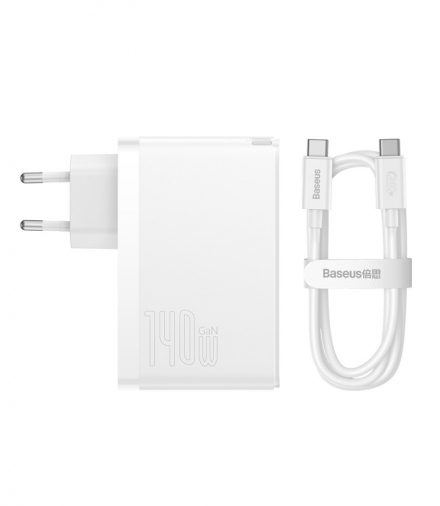 Baseus ładowarka sieciowa GaN5 Pro PD 140W 2x USB-C 1x USB biała + kabel USB-C - USB-C 240W Baseus